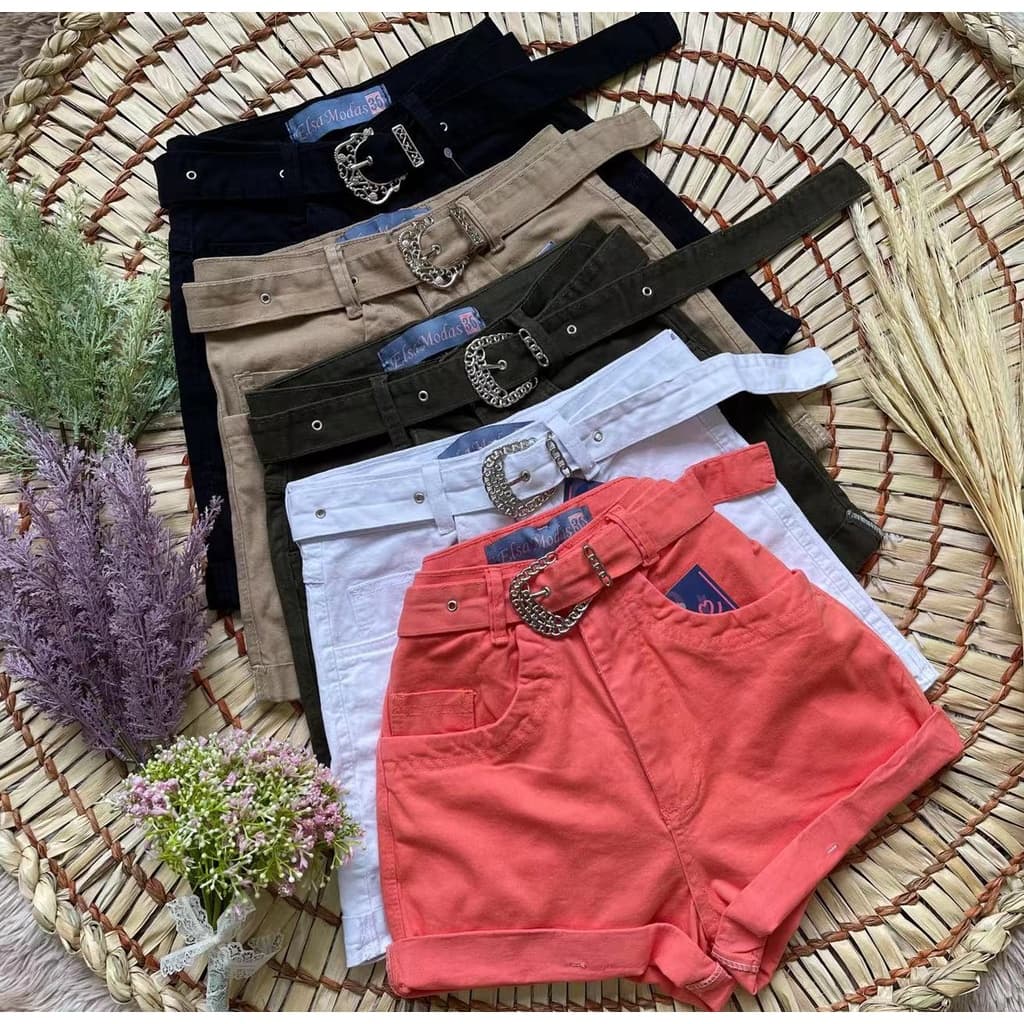 Shorts Jeans preto coloridos com cinto com Lycra feminina