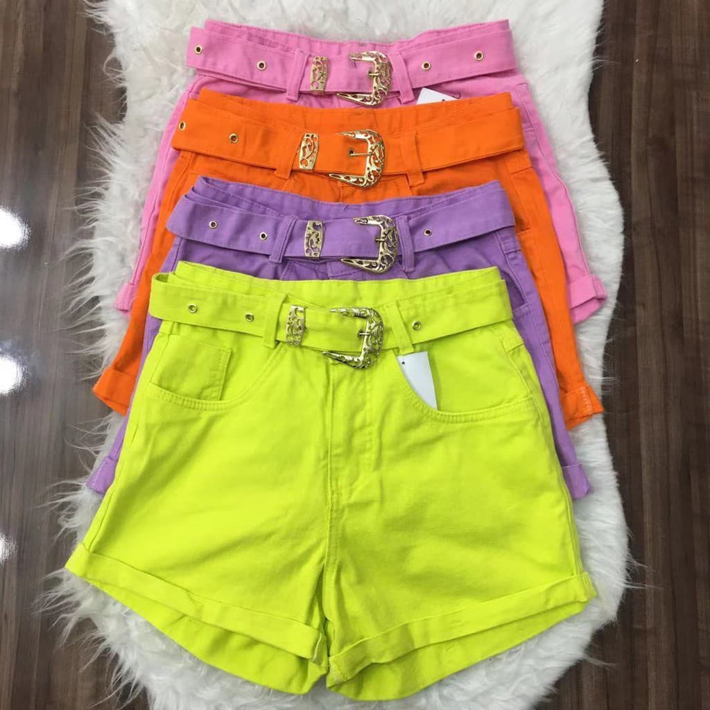 Short Jeans Colorido Com Cinto Bolso Sem Lycra Shorts Jeans