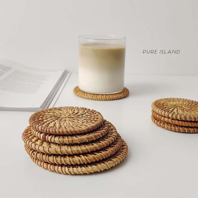Bases Para Copos Redondas De Rattan Natural Almofada De Tigela Feita À Mão Tapetes De Isolamento Placemats Mesa Acessórios De Decoração De Cozinha 1PC