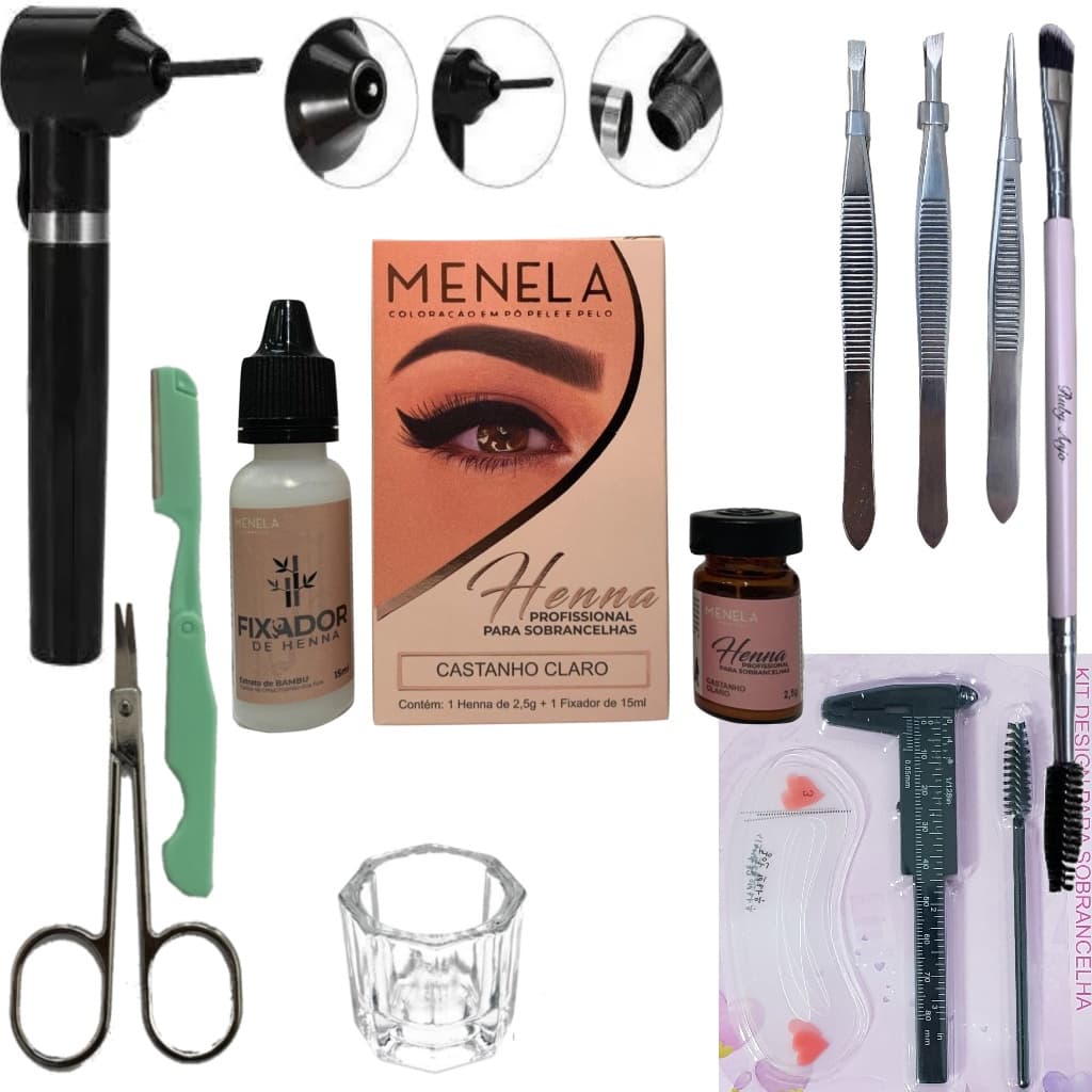 Kit Design Sobrancelha Henna Menela Pincel Navalha Pinca Mixer Misturador Pigmentos
