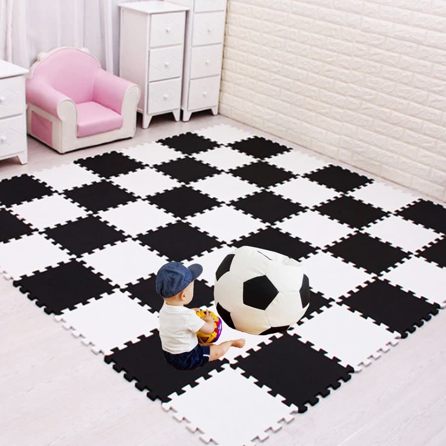 Kit 12 Tapete Tatame Eva + Bordas de Acabamento Loja da Maria Futebol Fitness Bebe 50x50x1cm 10mm Preto e Branco