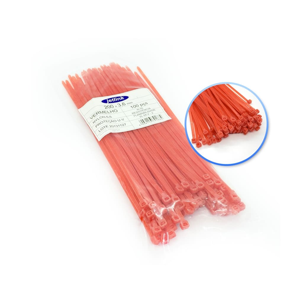 Kit Abraçadeiras de Fixação Nylon Cinta Plástica 300 Un 3,6 Mm X 200 Mm Vermelha