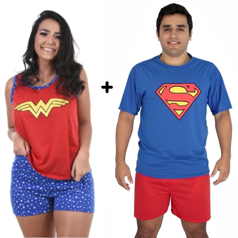 KIT 02 Pijamas casal temáticos super homem e mulher maravilha tematicos verão de malha algodão premium