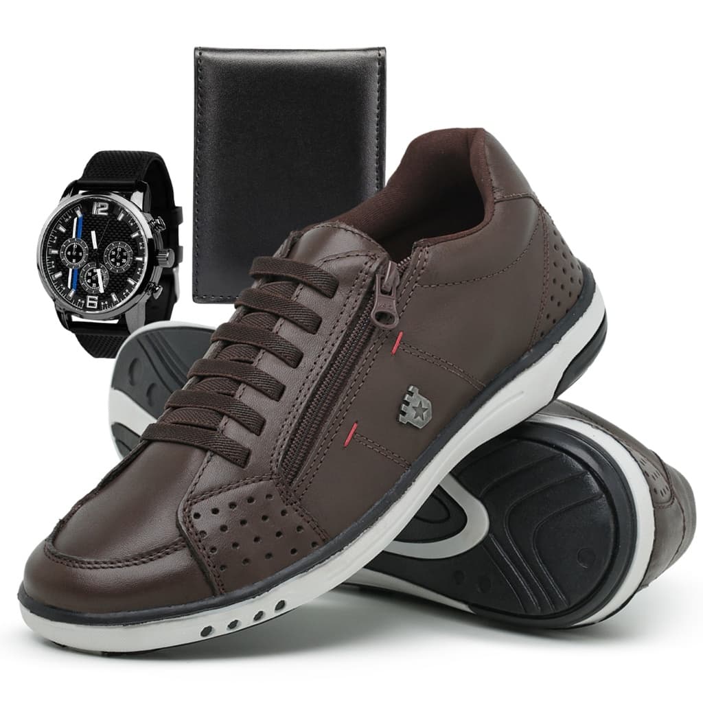 Sapatenis Masculino Casual com Cadarços e Elástico e Brindes Acessórios Relógio + Carteira