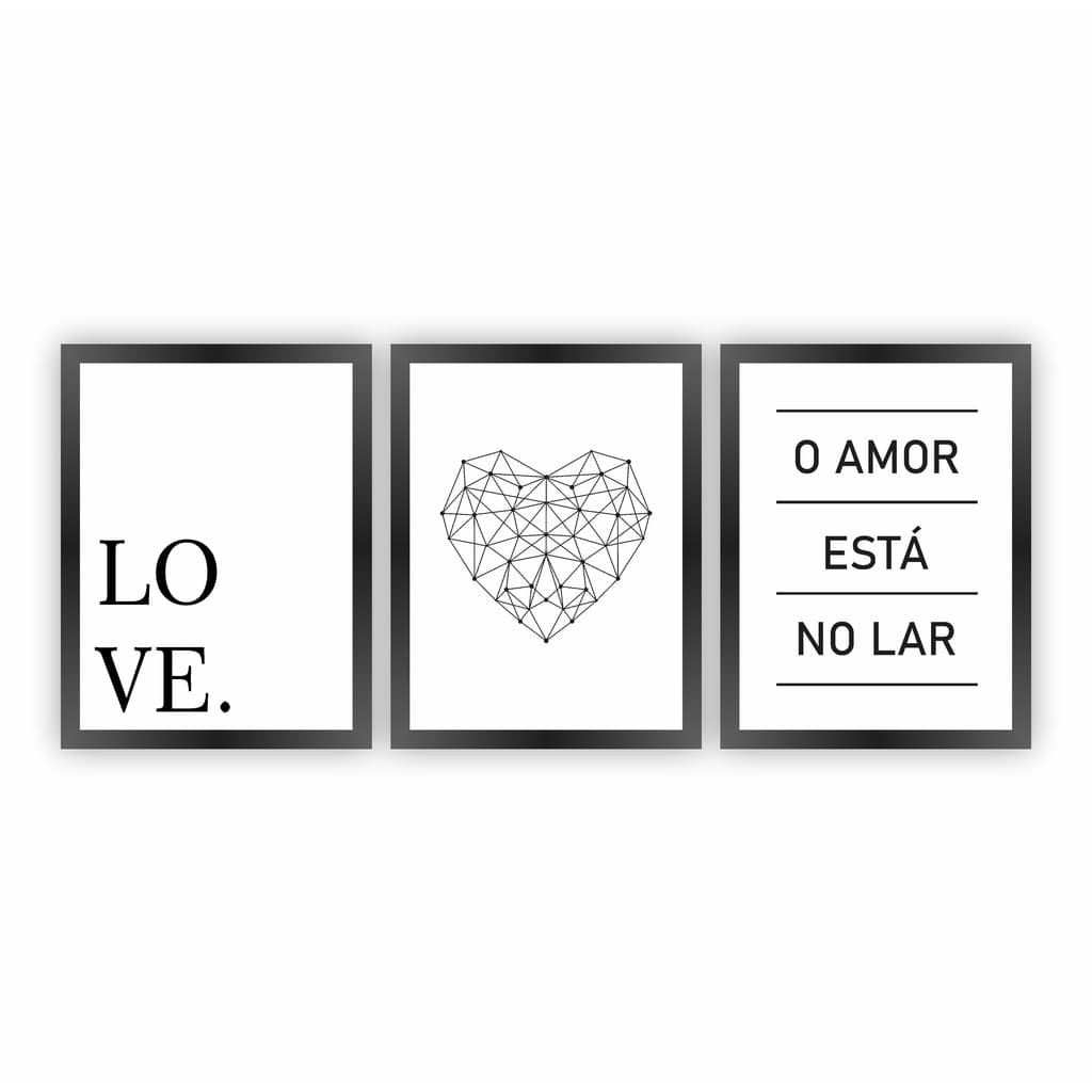 Kit de Quadros Grande Para Sala Love O Amor Está No Lar Moldura Preta