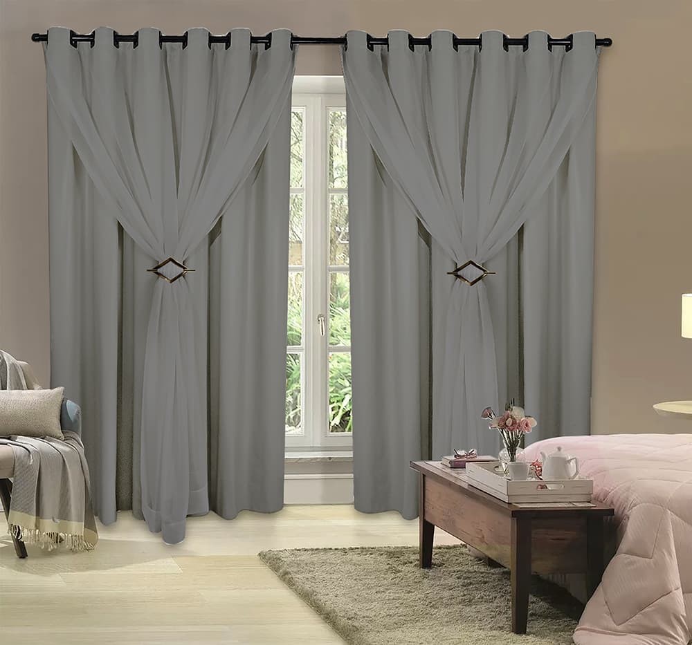 Cortina Corta Luz 4,00m X 2,80m 100% Blackout Com Voil Cinza Para Sala Ou Quarto Para Varão Simples