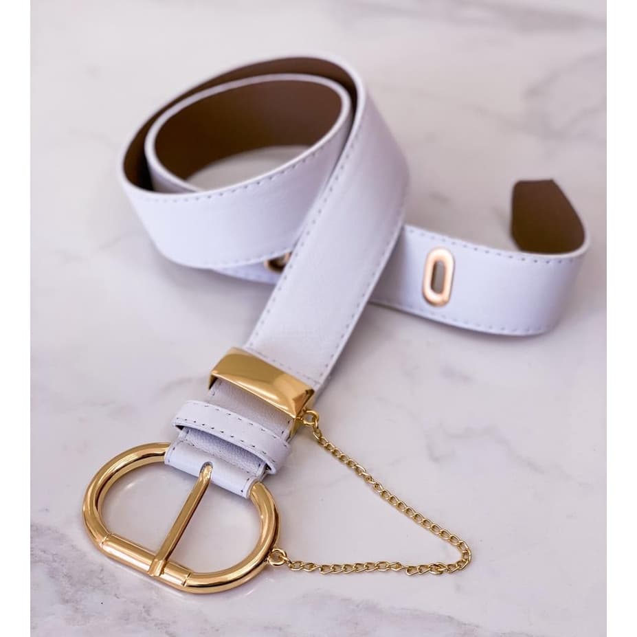 Cinto Feminino Fivela Com Corrente Couro Branco Legítimo Lançamento