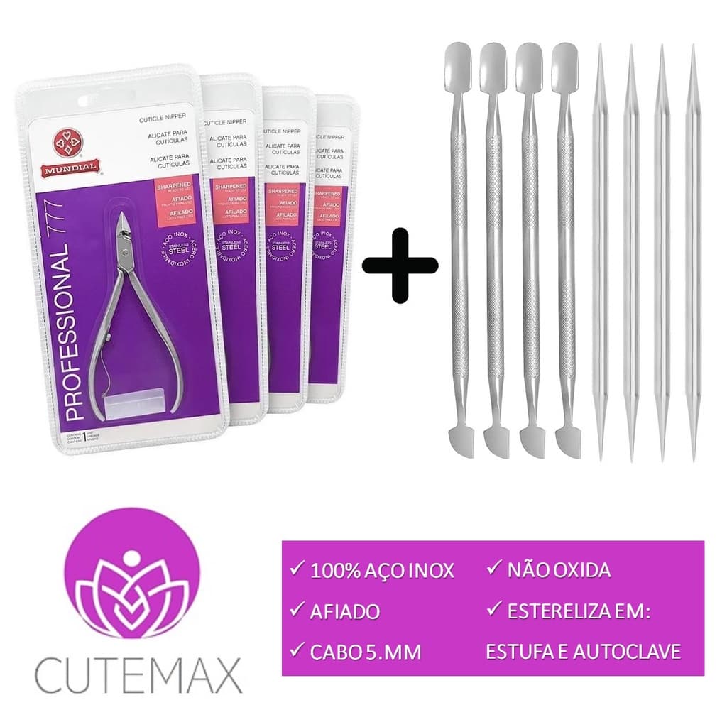 Kit com 4 Alicates de Cutícula Mundial 777 + 4 espátulas + 4 palitos