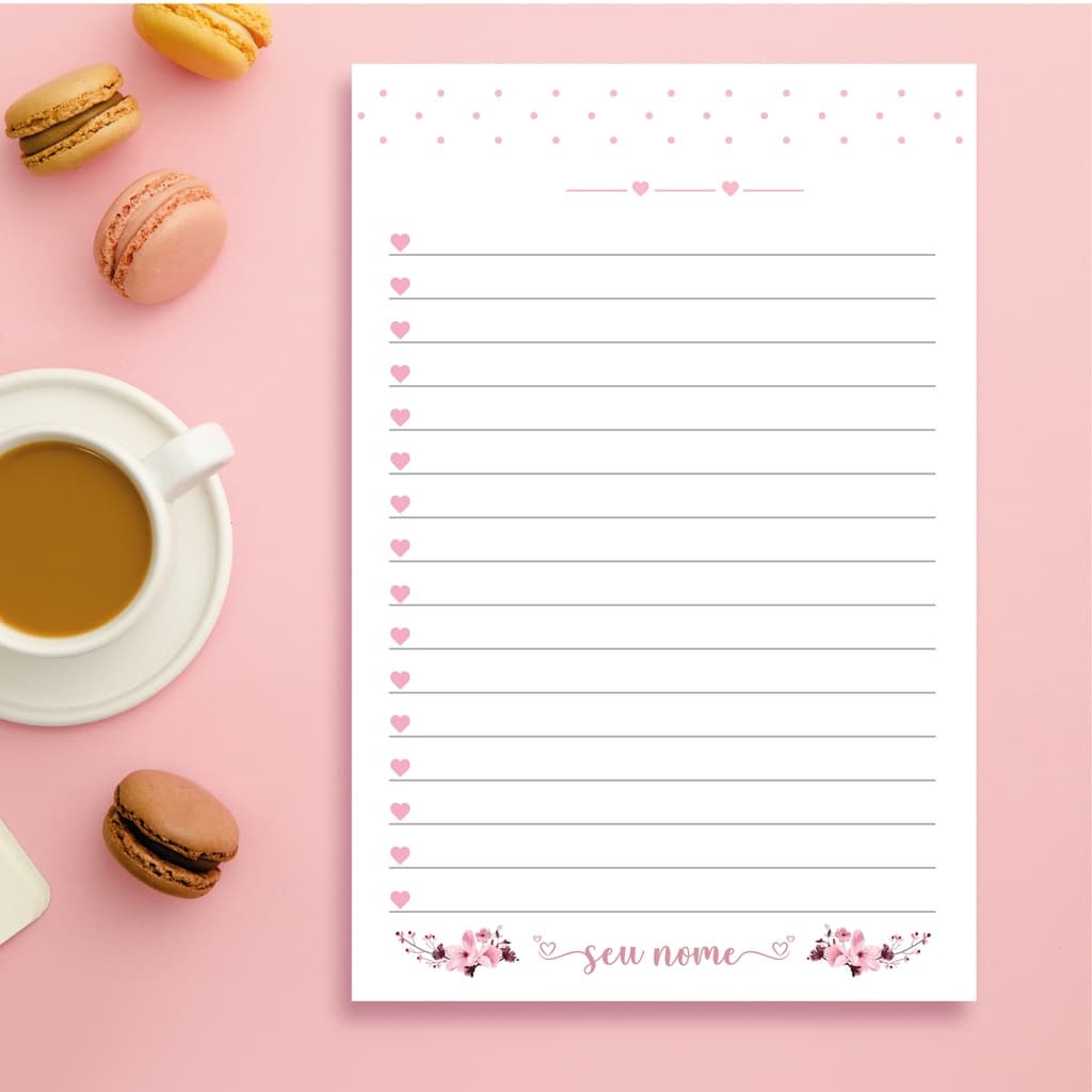 Bloco de listas destacável  A6 rosa com flores Personalizado com Nome  - 30 páginas