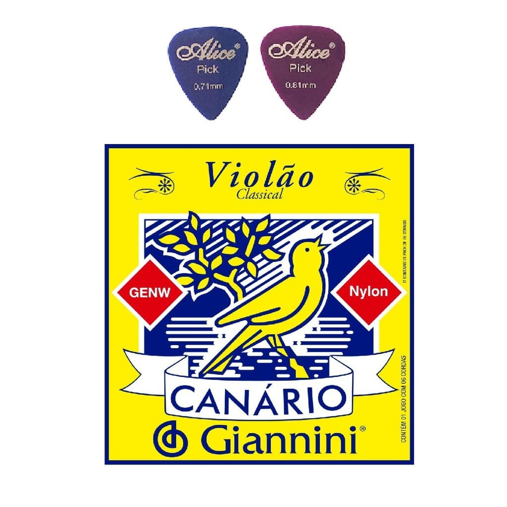 Jogo De Cordas Encordoamento Violão Nylon Canário Comum + Duas Palhetas Sortidas.
