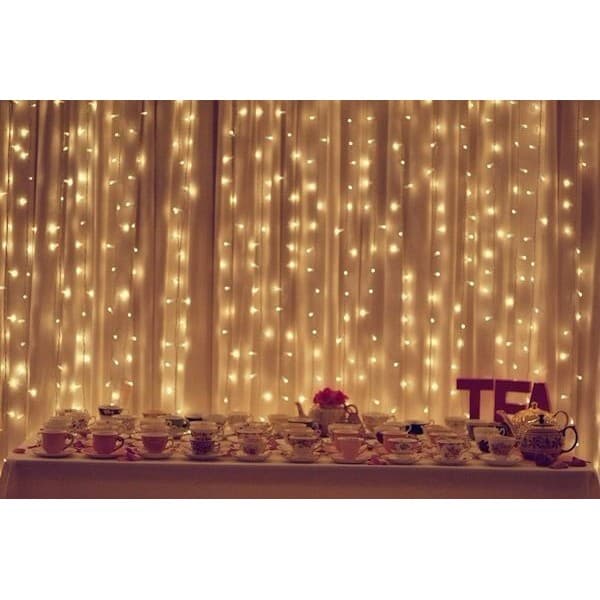 Kit 2 cortinas de led 8 funções pisca e fixo 300 leds 3m X 2m Branco Quente 110V