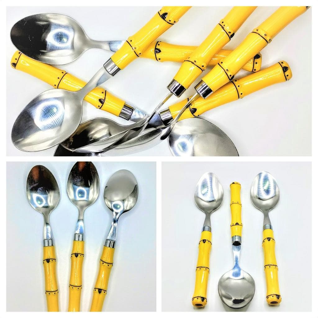 Jogo de Colher de Mesa em Inox 6 Peças Útil Bazar Cabo Plástico Estilo Bambu