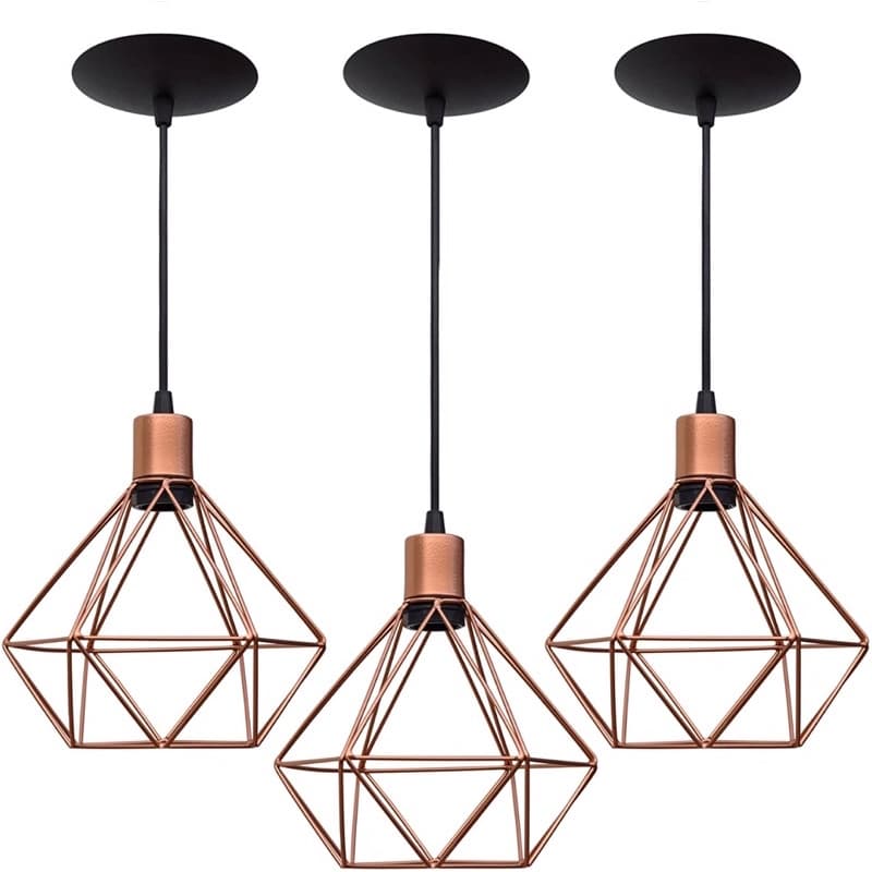 kit 3 Luminárias de Teto Pendente Diamante Aramado Cobre Vintage Retro Industrial Lustre