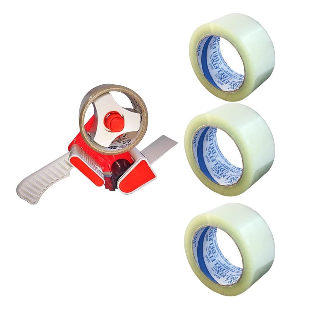 Kit suporte para fita adesiva + 3 fitas com 100 m cada  transparente