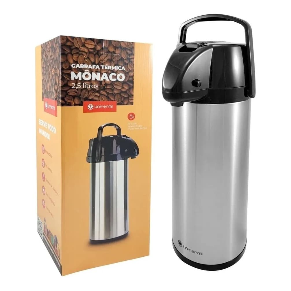Garrafa Térmica Inox 2,5L Unitermi Mônaco Com Alavanca De Pressão Ampola de Vidro Bico Anti Gotejamento