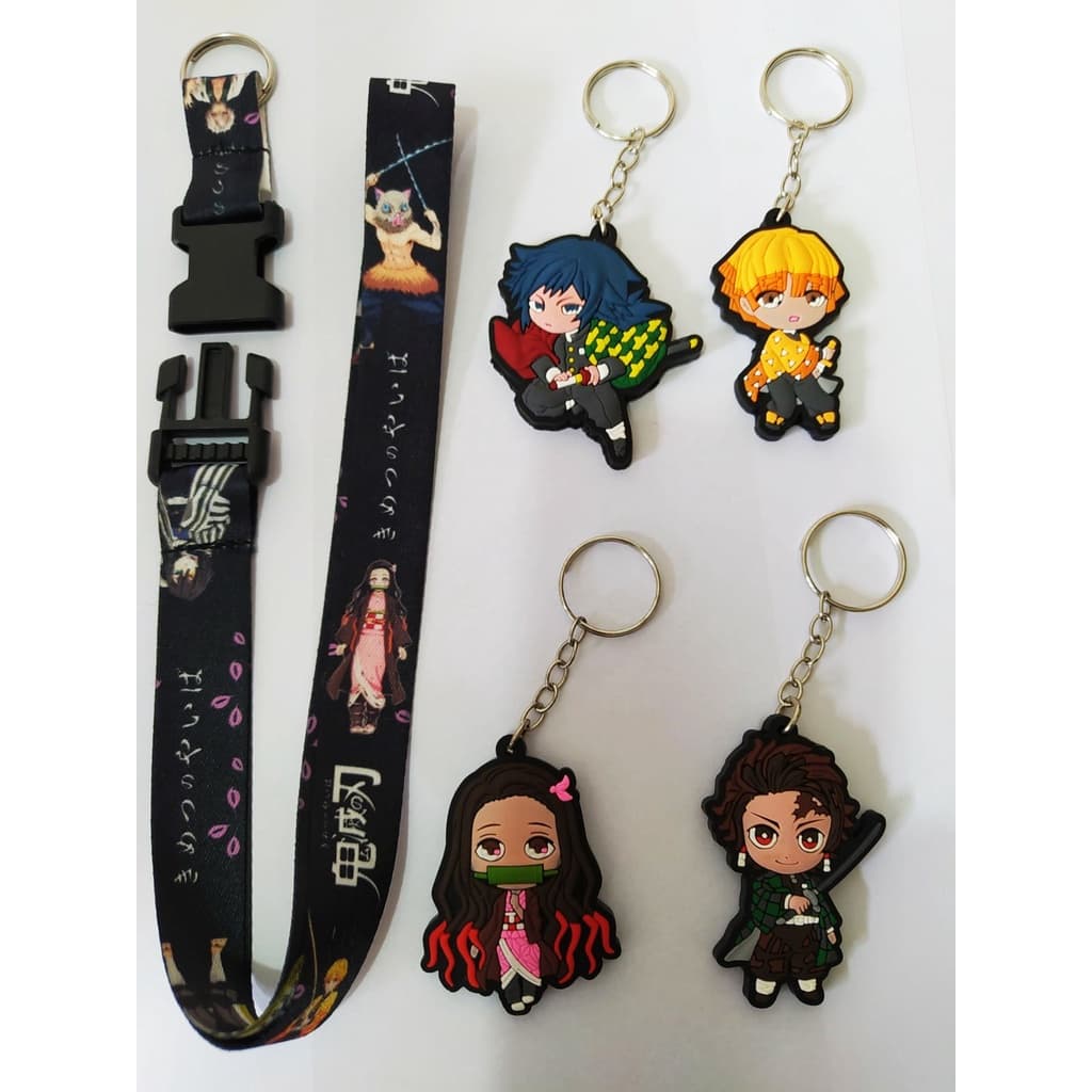 kit Cordão  Moto Pescoço Fecho Engate Rápido Crachá Demon Slayer+ Chaveiro Emborrachado Alto Relevo Geek Cute