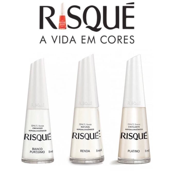 Kit Francesinha Risqué 3 esmalte ( Platino Cintilante , bianco puríssimo cremoso e Renda natural 8 ml