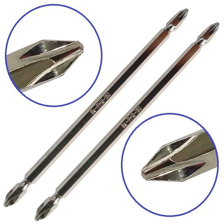 Kit jogo 2 ponteiras bits phillips longo  PH2 150mm com imã ponta dupla cromada para parafusadeiras