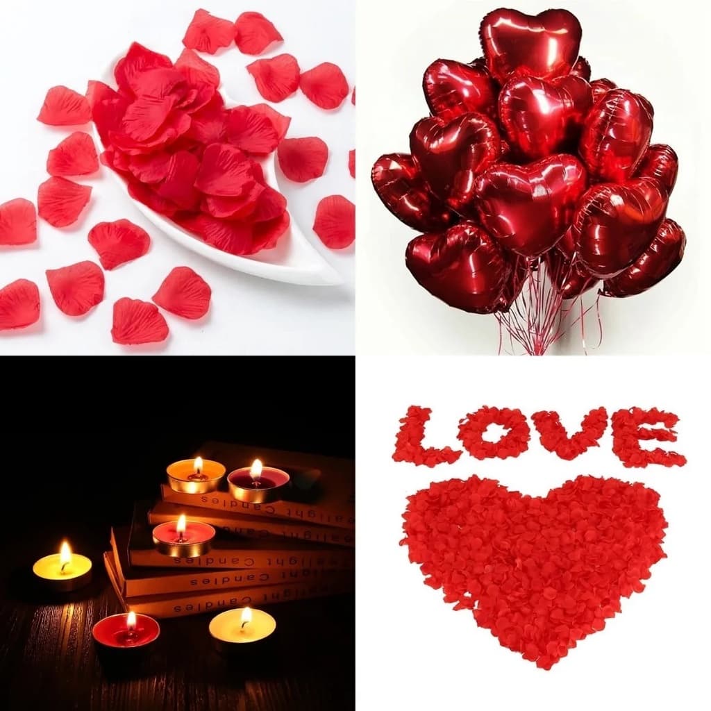 Kit Decoração Romantica do Amor com 200 Petalas de Rosas Artificiais + 2 Balões Coração + 4 Velas.