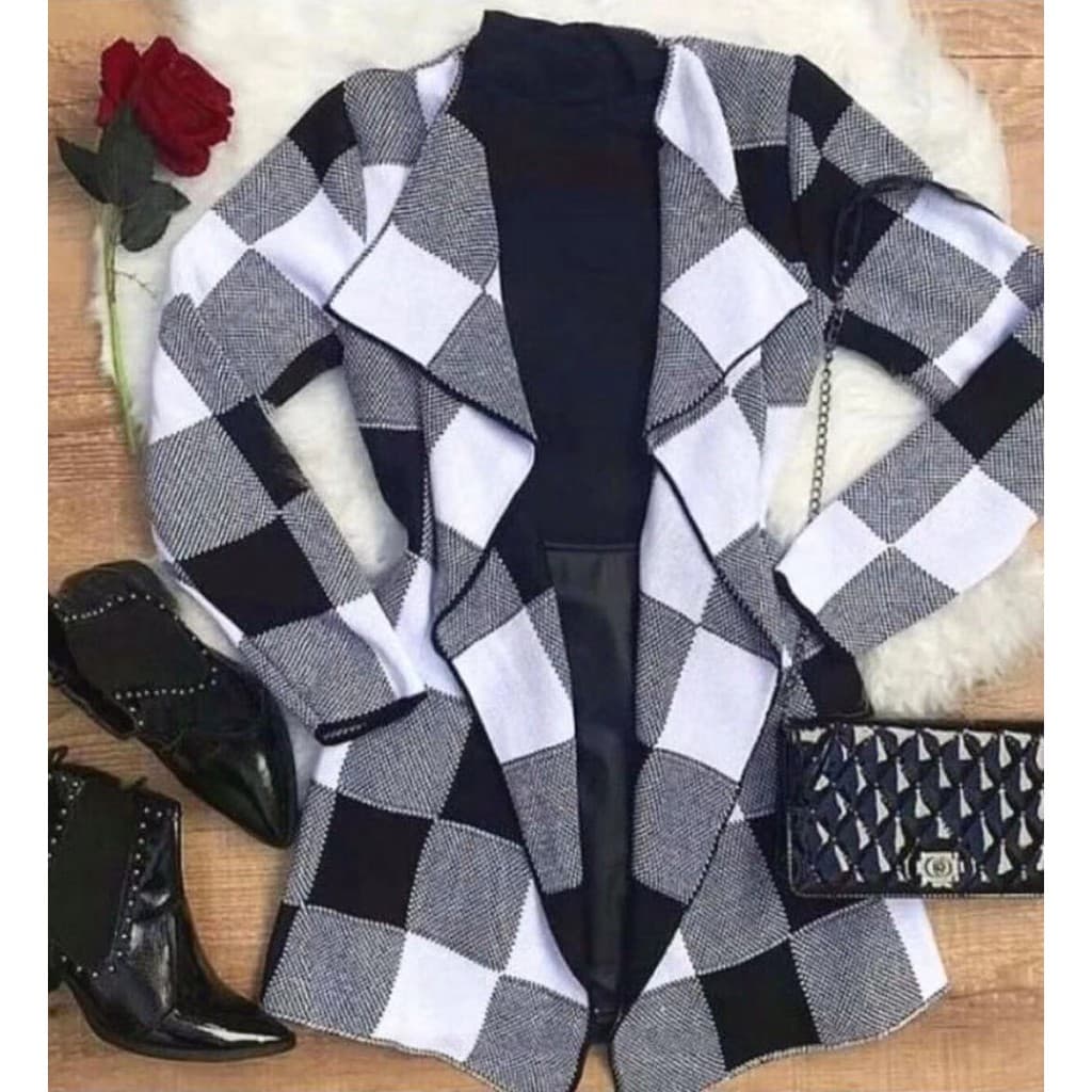 Kimono onça Xadrez Cardigã tricô Feminina Manga Longa