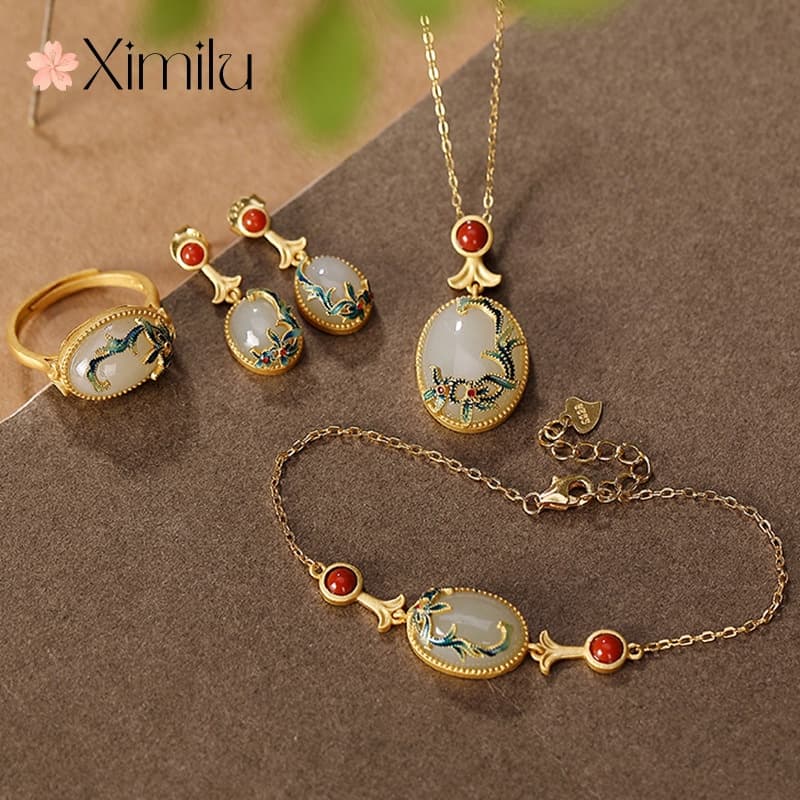 Natural Hetian Jade Vine Joias Conjunto De Anel Pulseira Feminina Pingente Moda 925 Brincos Prata Retrô Acessórios Japoneses Versão Coreana