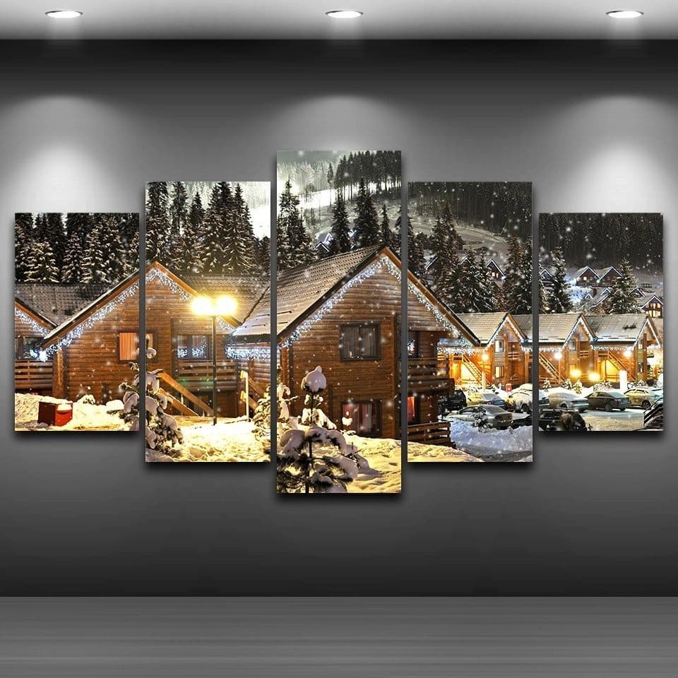 Quadro Decoração Casa Paisagem Neve Natal Lindo 5 Peças Mosaico