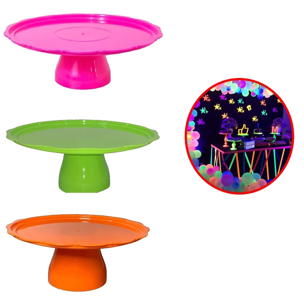 Kit Festa Neon C/ 3 Boleiras 21cm Cor Fluorescente Festa Decoração Balada Luxo Bandeja Suporte Para Bolo