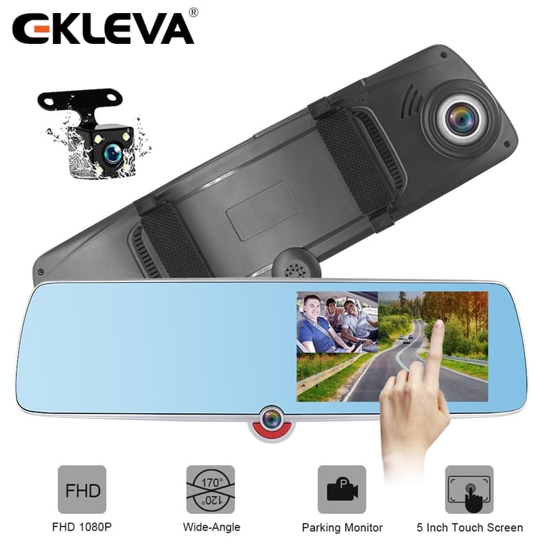 EKLEVA Gravador De Câmera De Carro FHD 1080P 5 Polegadas Espelho De Três Lentes Dashcam DVR Gravação De Condução Tela De