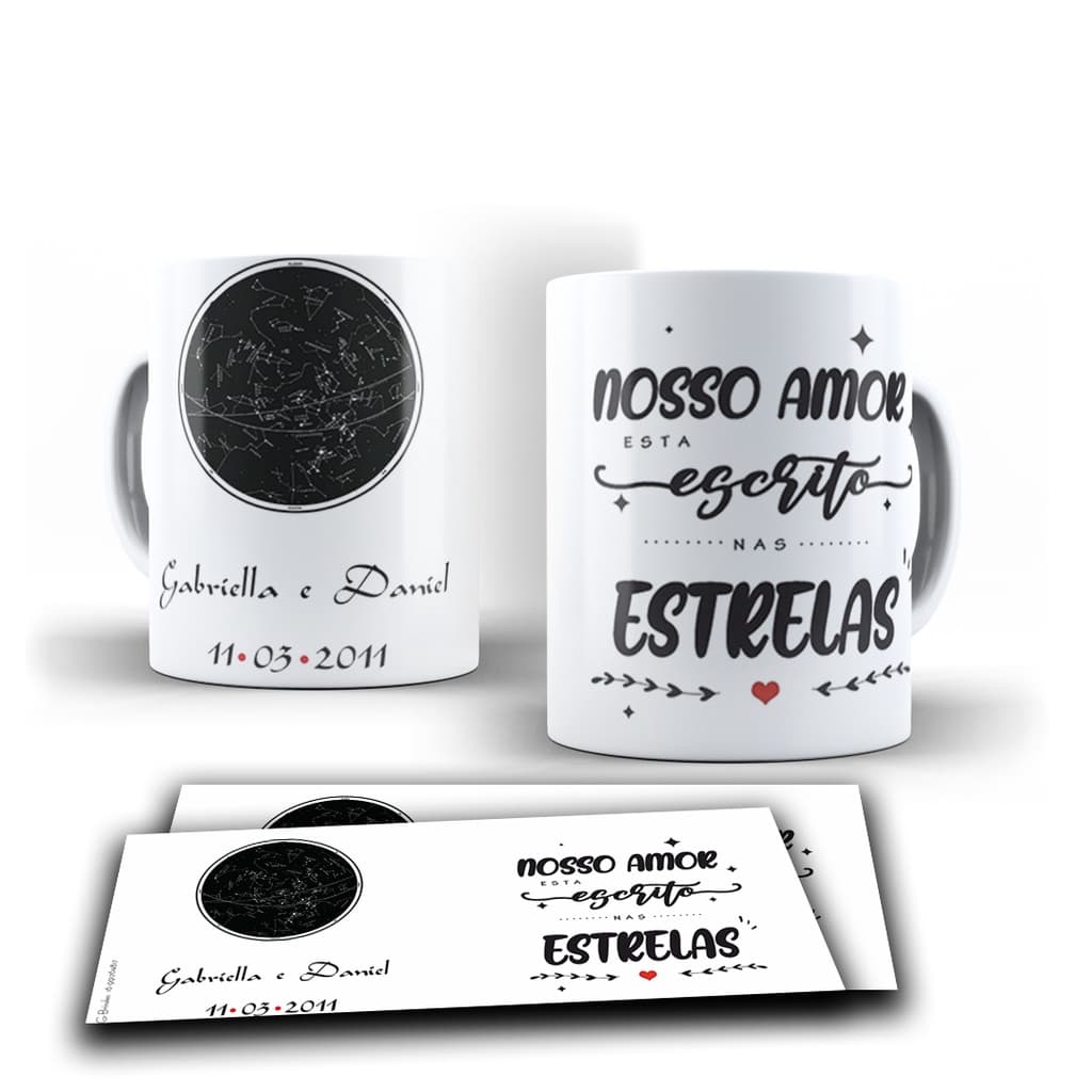 Caneca Personalizada Porcelana Mapa das Estrelas dia dos Namorados com Nome e Data Casal Presente Criativo