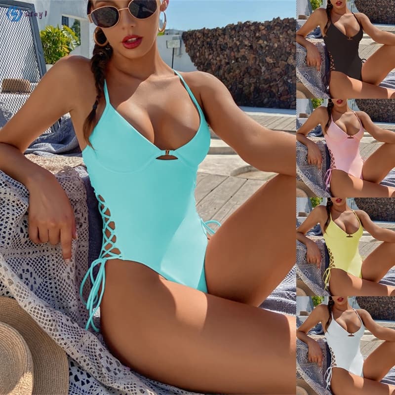Biquíni europeu e americano de uma peça Pure Color Slim Feminino para viagens de banho de praia