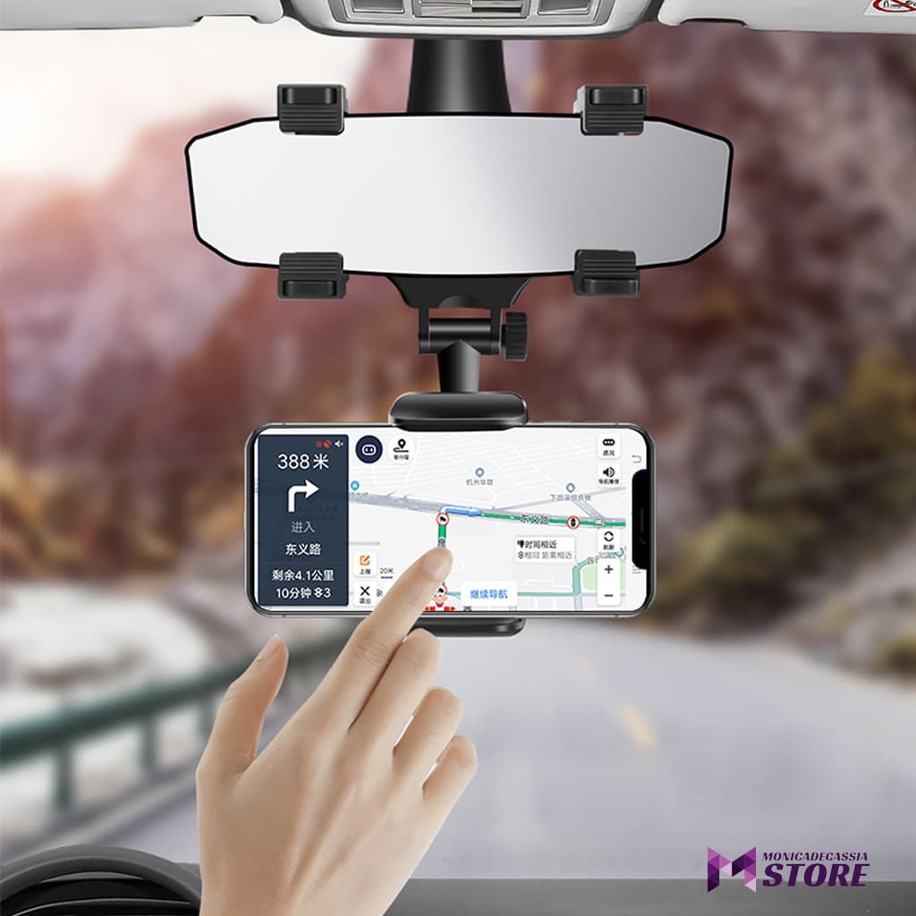 Suporte universal para telefone celular, pode ser fixado no espelho retrovisor do carro com rotação de 360 °