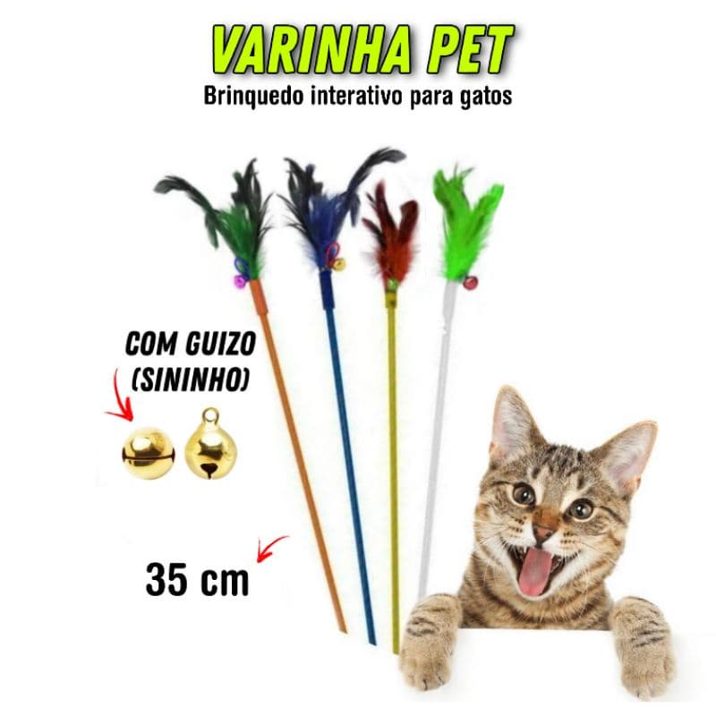 Varinha bastão brinquedo pet com penas coloridas + sininho interativo para gatos