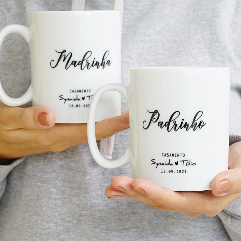 Caneca xícara de Porcelana 325 ml Personalizada Madrinha | Padrinho Casamento Com Nome
