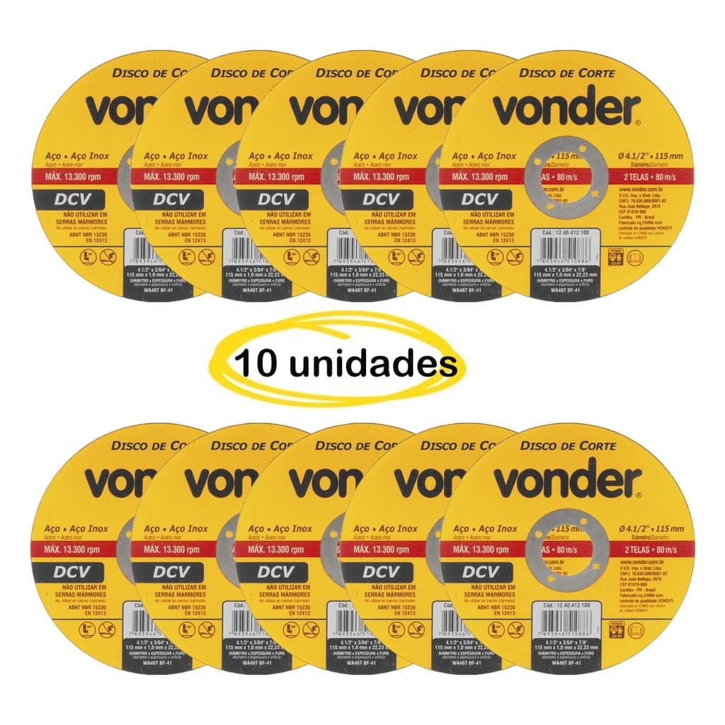 Kit 10 Discos de Corte Metais Aço Inox Vonder 115mm diâmetro e 1 mm espessura Serve para Serra Tipo makita
