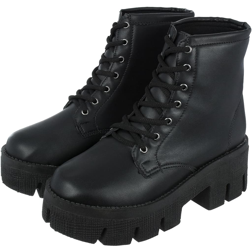 Bota Coturno Feminino Plataforma Tratorado Novo Donatella Shoes Cano Medio Militar Preto com Cadarço Botinha