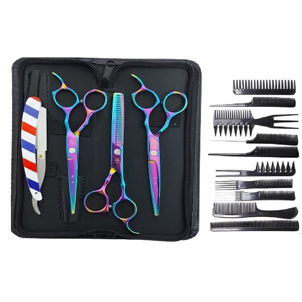 Kit 3 Tesouras Profissionais  Fio Laser E Desbaste Navalha + Pente De Corte Profissional