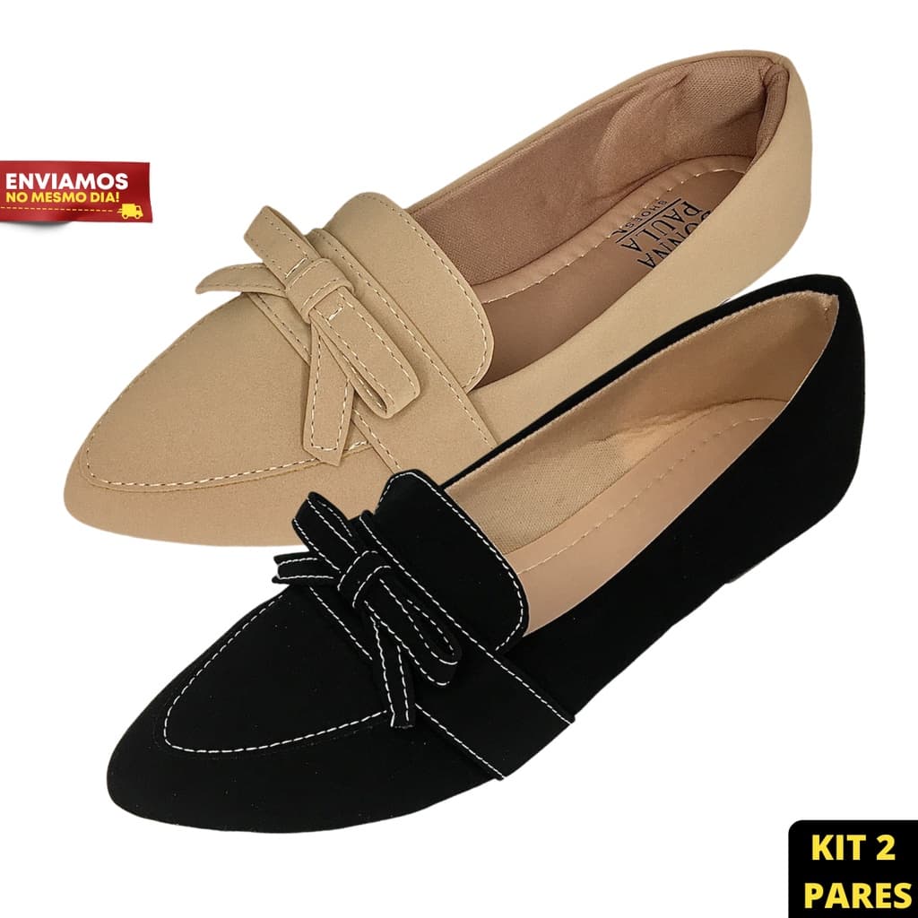 Kit Sapatilha Feminina Bico Fino Rasteirinha 2 Pares Mocassim Feminino Sandália Sapato Feminino Rasteira Moda