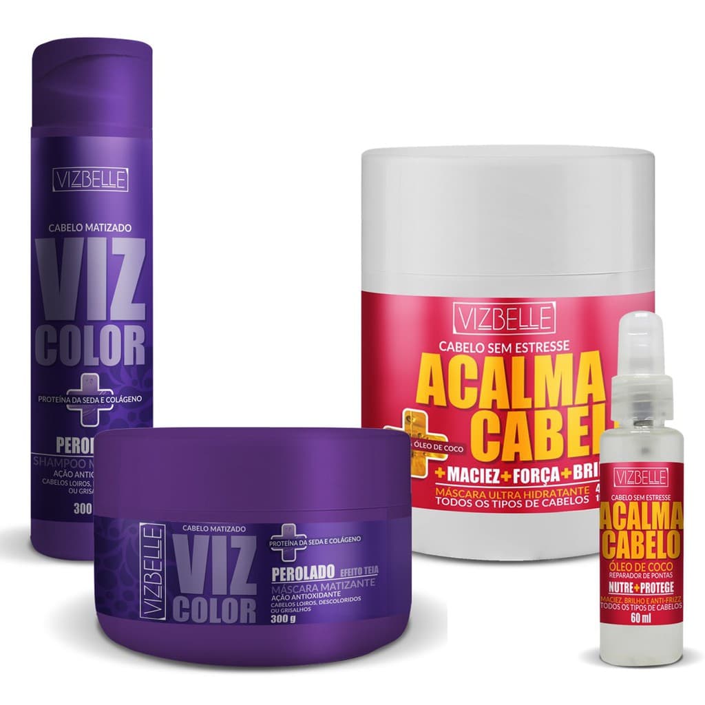 Kit Shampoo Matizante Perolado + Mascara Matizante Perolado + Mascara Acalma Cabelo + Oleo de Coco