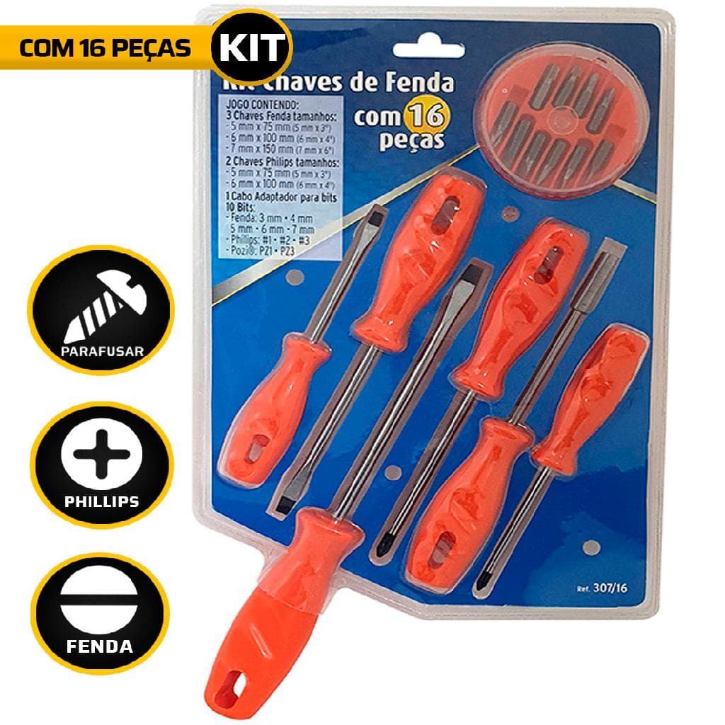 Kit Chaves De Fenda Com Bits 16 Pçs