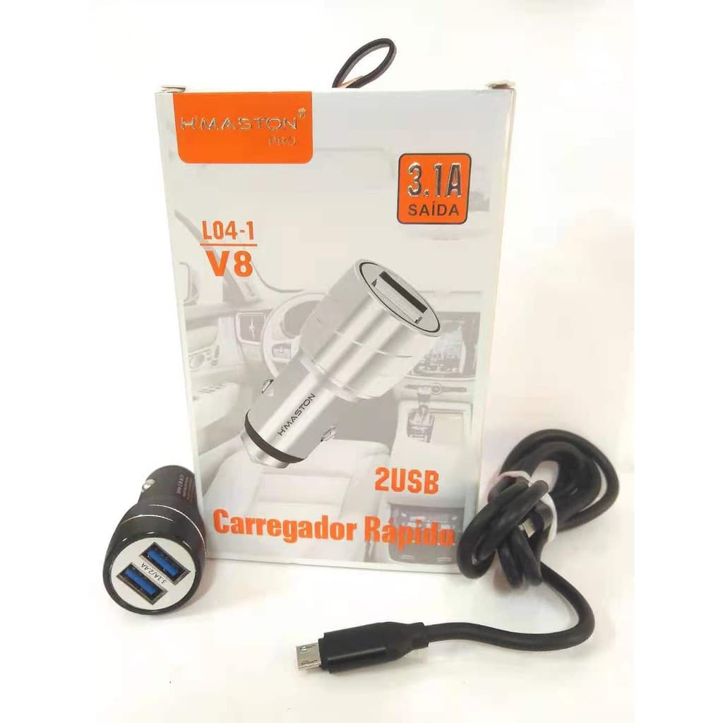 Carregador Veicular v8 2usb 3.1 A H'maston L04-1(V8)/L04-2(iphone)/L04-3(Tipo-c)
