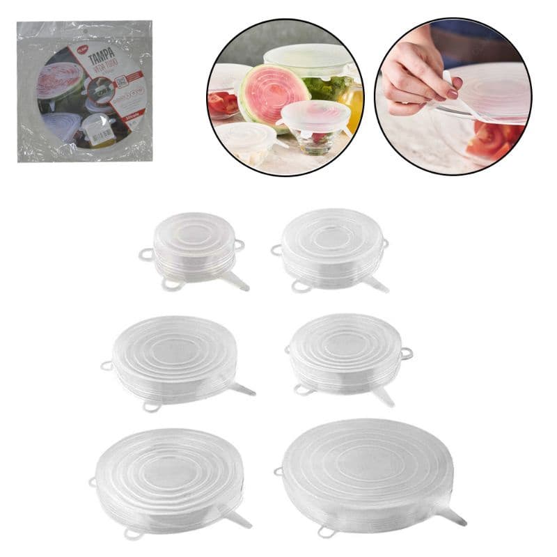 TAMPA DE SILICONE COM 6 PECAS 6 /8,5 / 10,5 / 13 / 15 / 18,5CM DE Ø