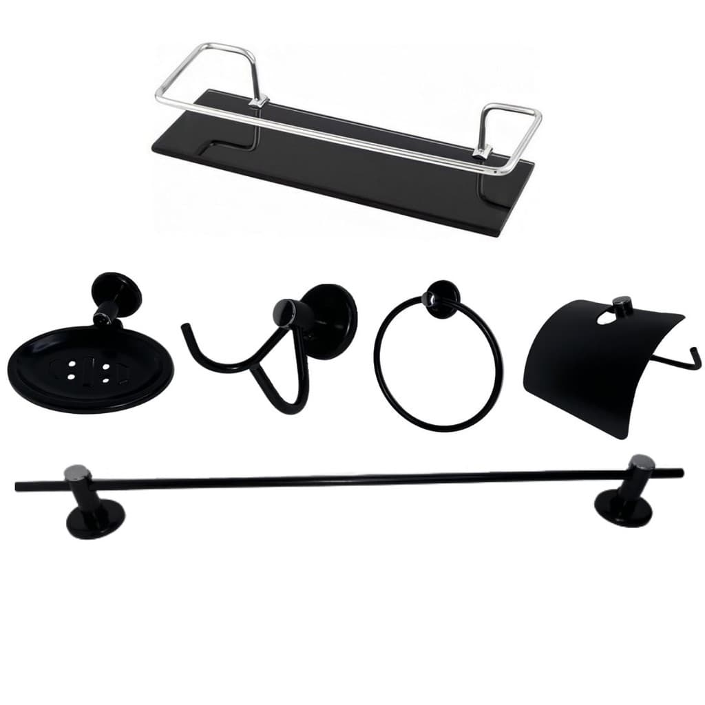 Kit Para Banheiro 05 Peças Aço Inox preto fosco + Porta Shampoo Prateleira com Grade e Vidro(6mm) Reto fumê