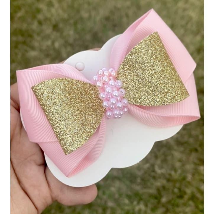 Laço para cabelo infantil dourado rosa com pérolas luxo