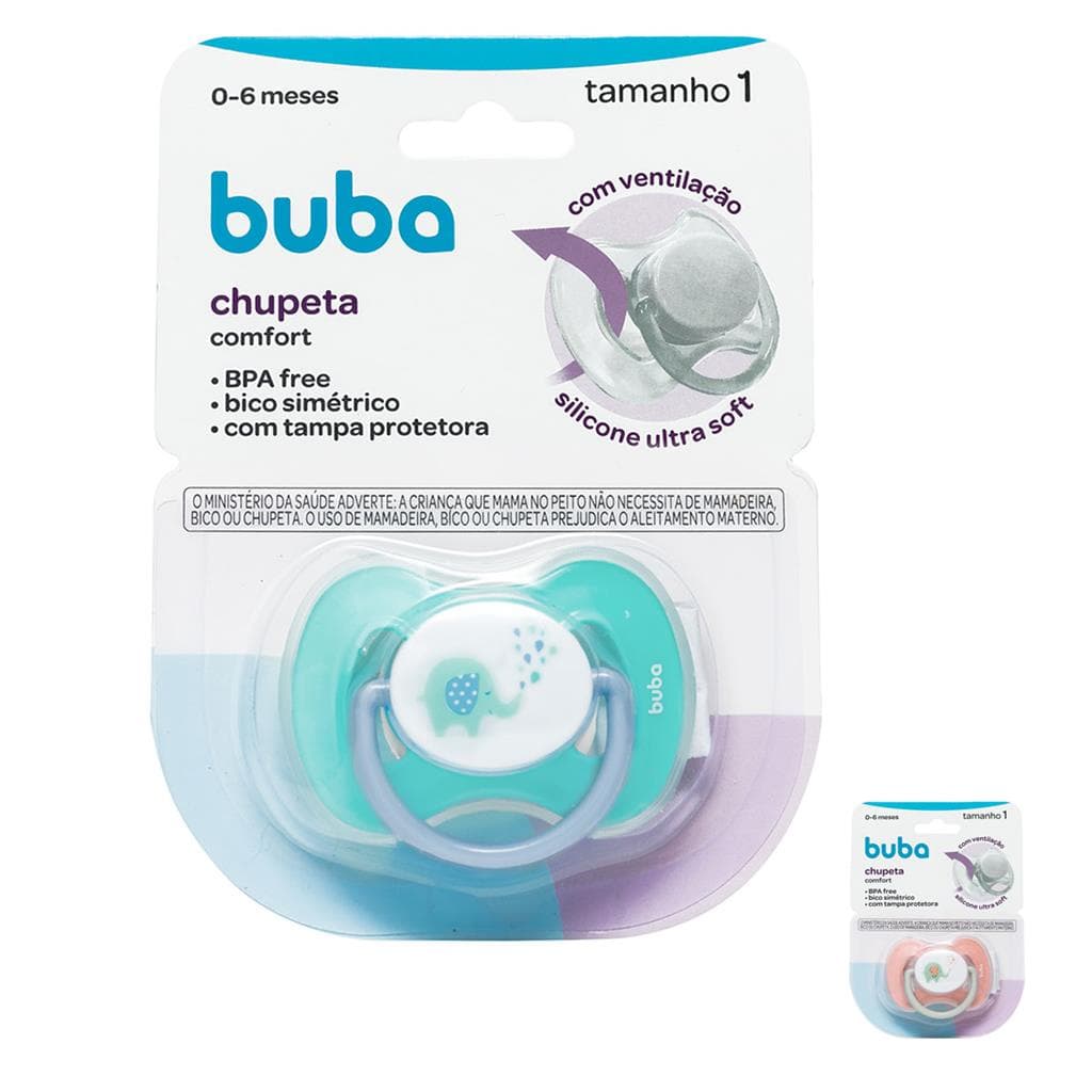 Chupeta Elefantinho Comfort Fase 1 Bico Simetrico Com Ventilacao Com Tampa Buba