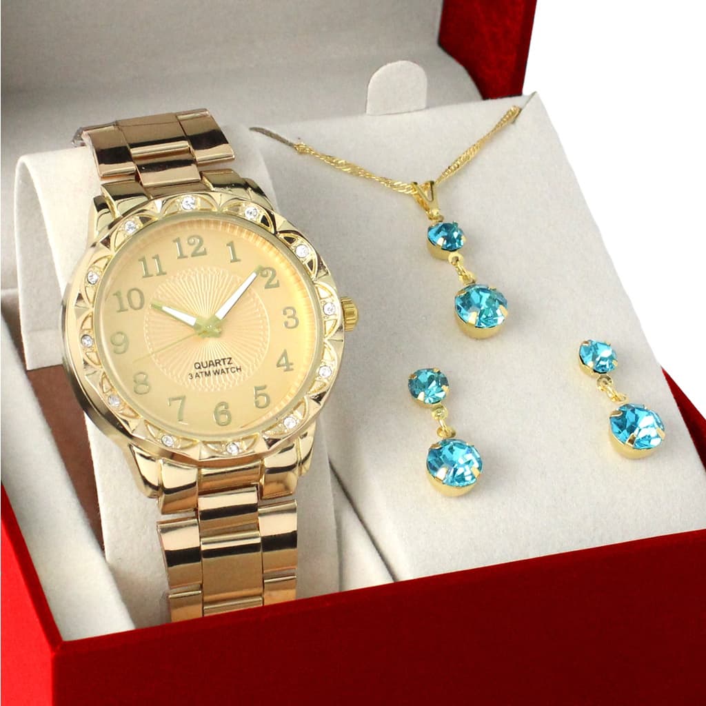 Relógio Feminino Banhado + Colar e Brinco Kit Super Lindo Promoção Relógios Quartz
