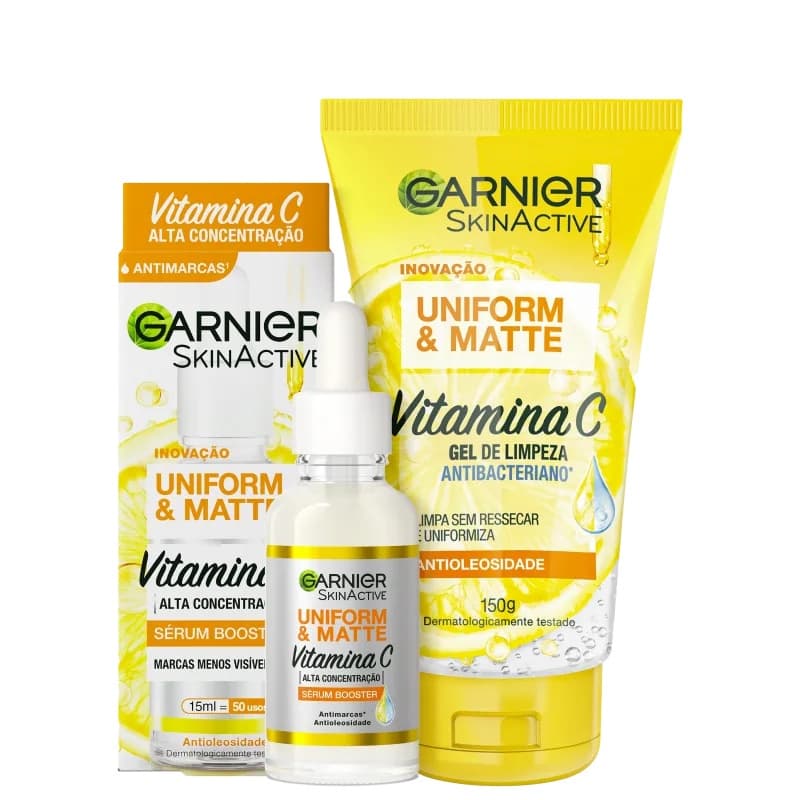 Kit Garnier Uniform & Matte Sérum Booster 15mL + Gel de Limpeza Facial Antioleosidade 150mL