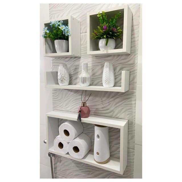 Kit de Nicho C/Prateleira Modelo U 4 Peças Decoração para Banheiro Multiuso Mdf Branco Instalação Invisível