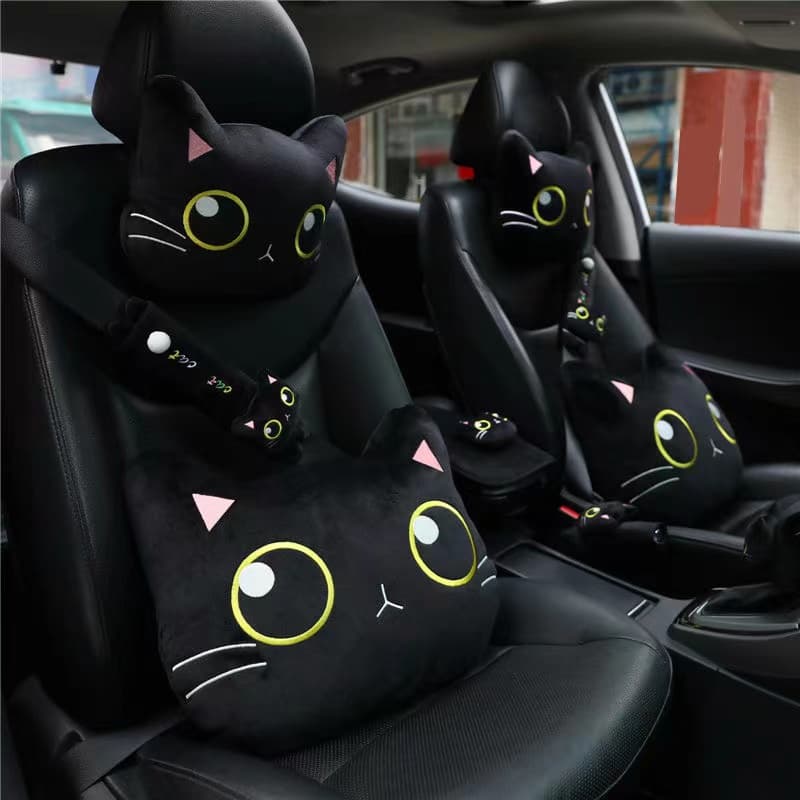 Encosto De Cabeça Do Carro Pescoço Travesseiro Cintura Macio Almofada Apoio Lombar Seatbelt Shoulder Pads Covers Espelho Retrovisor Capa Para Menina Gato Bonito