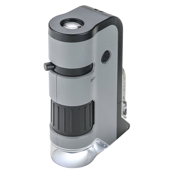 Microscópio de Bolso Carson MicroFlip 100x-250x c/ LED, lanterna UV e clip para Smartphone