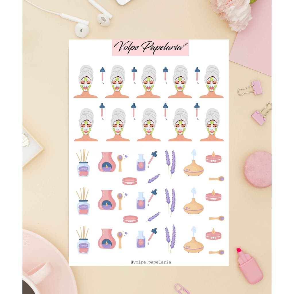 Cartela de adesivos skincare - adesivos funcionais/planner,bujo,rotina do dia